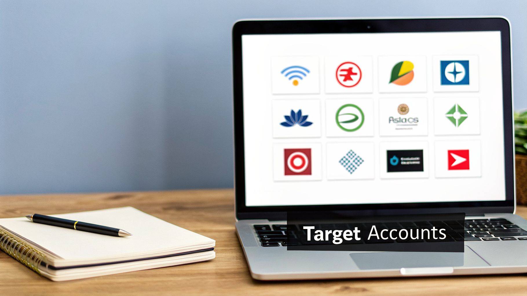 A laptop displaying various company logos and 'Target Accounts' text, next to a notebook and pen.