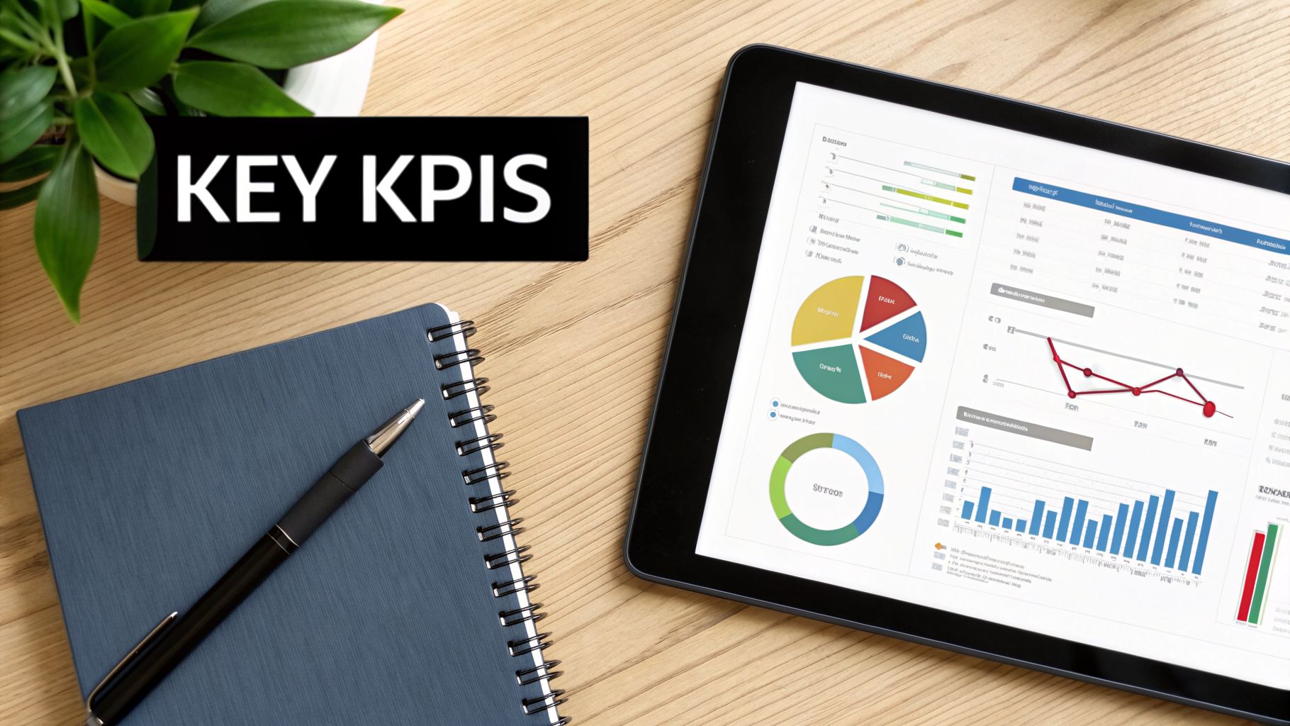 A tablet displaying business KPIs and charts next to a notebook and a 'KEY KPIS' sign.