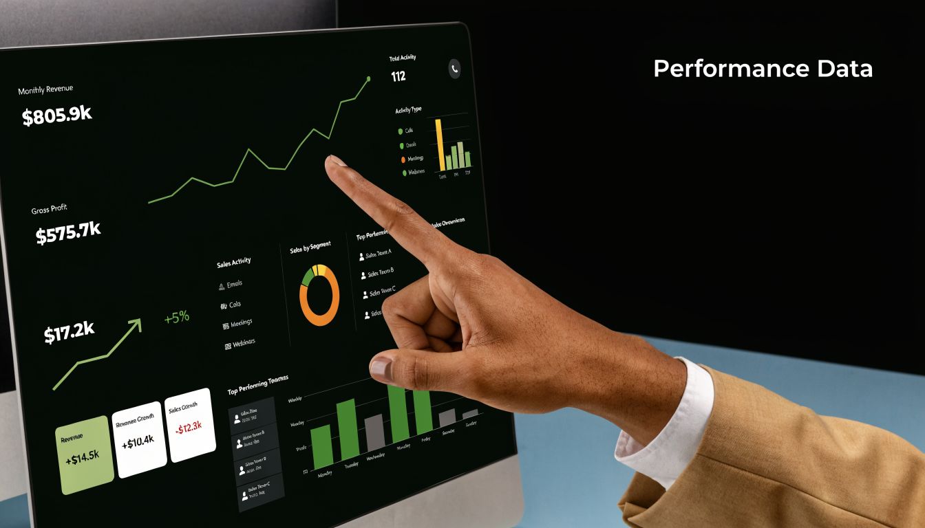 A professional analyzing business performance data and financial metrics on a digital dashboard displayed on a screen.