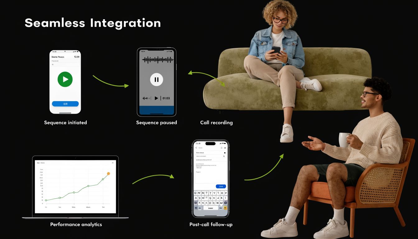 A digital diagram demonstrating a seamless workflow for call recording and performance analytics between users.