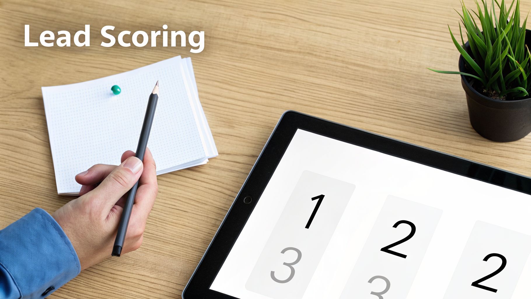 A person's hand with a pencil, notepad, and tablet showing lead scoring numbers.