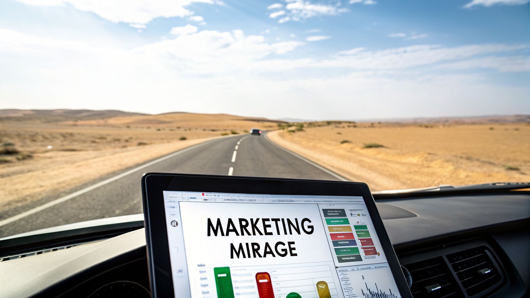A tablet displaying 'MARKETING MIRAGE' and business charts inside a car on a desert road.