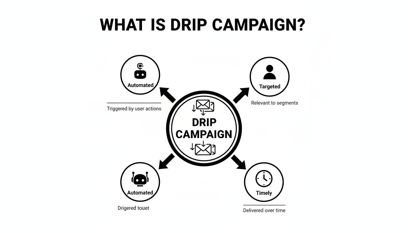 A diagram explaining a Drip Campaign, highlighting its automated, targeted, and timely characteristics.