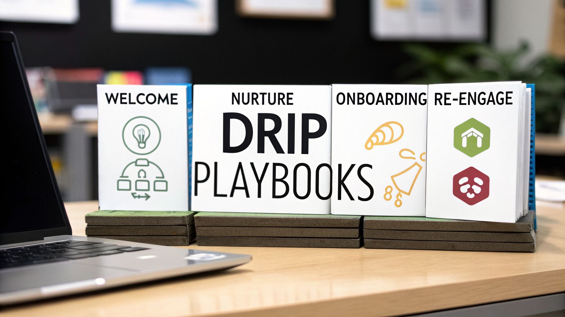 Four DRIP PLAYBOOKS on a desk next to a laptop, detailing welcome, nurture, onboarding, and re-engage strategies.