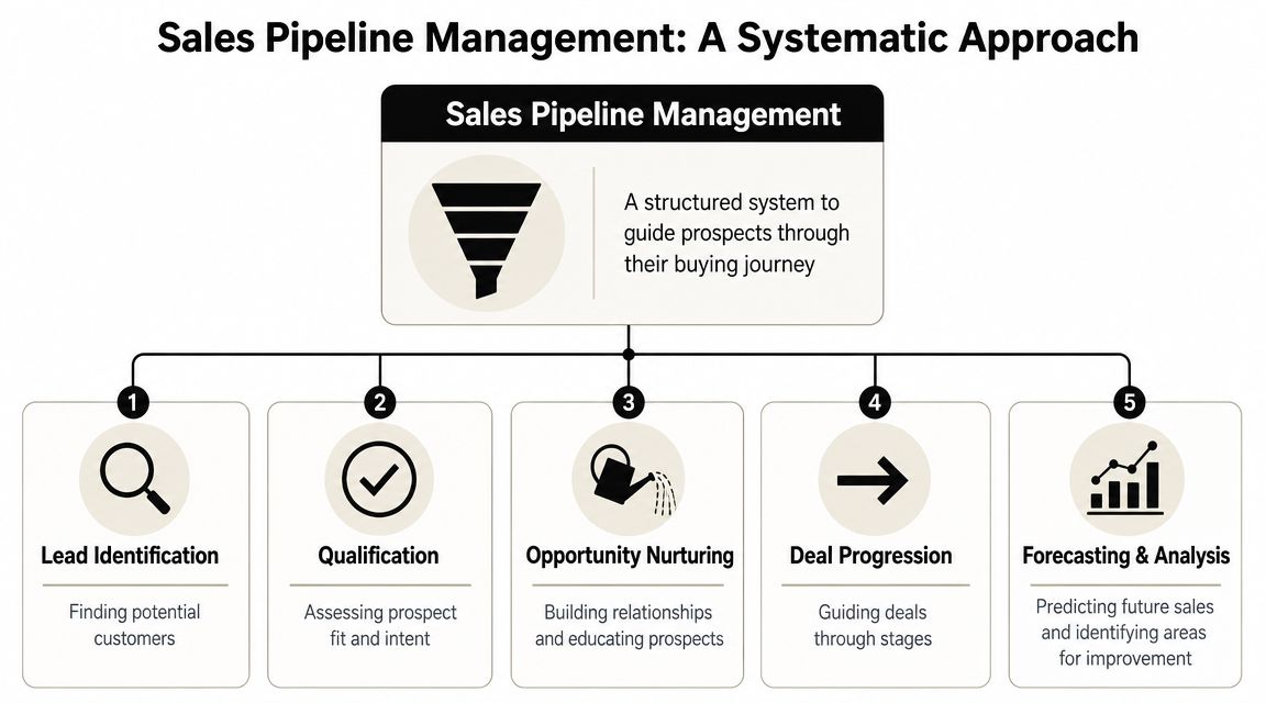A diagram illustrating the five key stages of a structured sales pipeline management approach for business.
