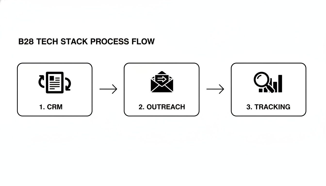 A B2B tech stack process flow diagram illustrating CRM, outreach, and tracking steps with icons.