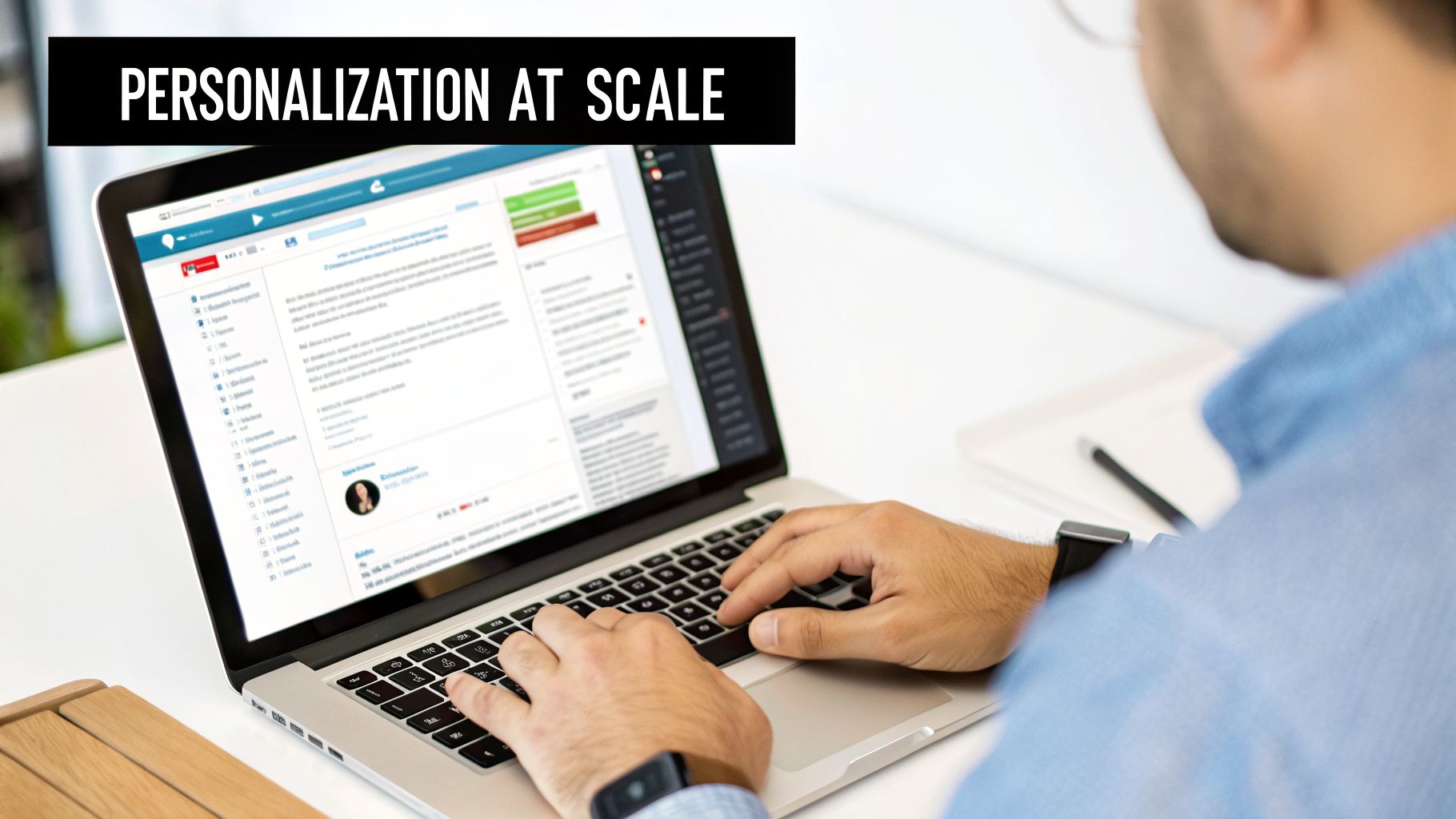 A person typing on a laptop, viewing a web dashboard with 'PERSONALIZATION AT SCALE' text.