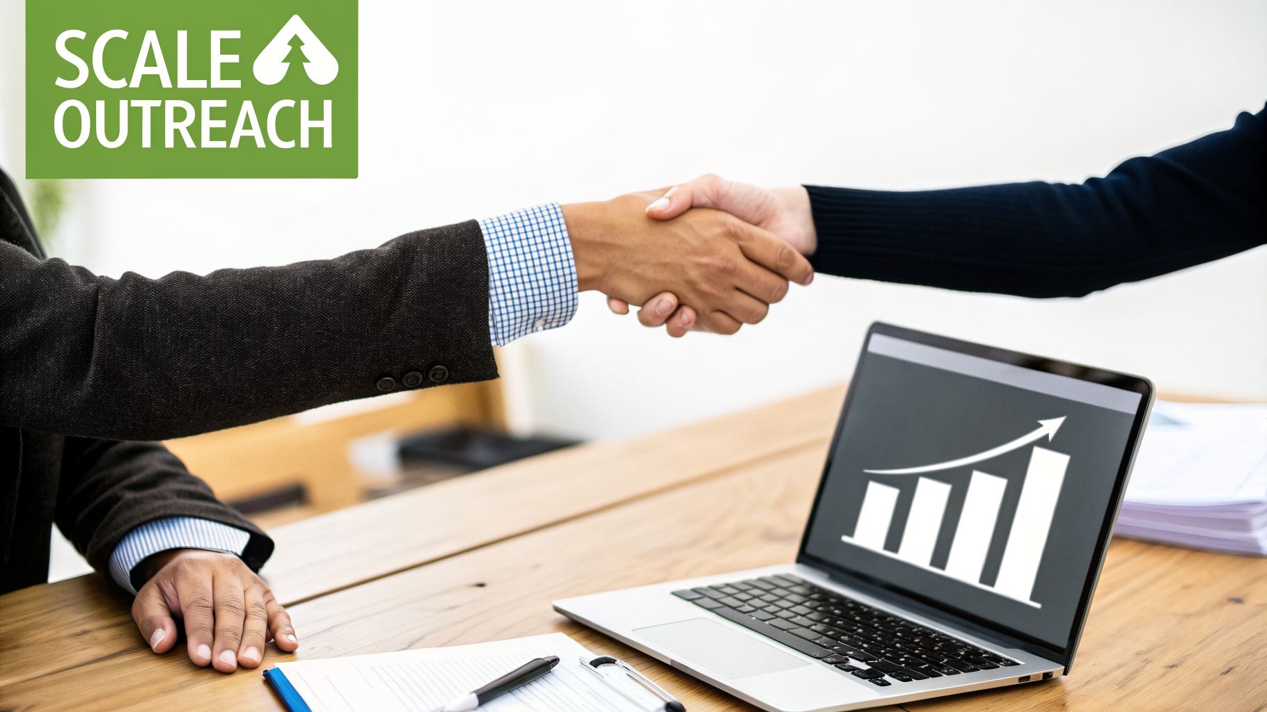 Two business professionals shaking hands over a laptop displaying a growth graph, with Scale Outreach logo.